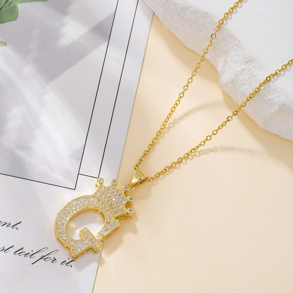 Gold Diamond Queen-City Crown Letter Necklace