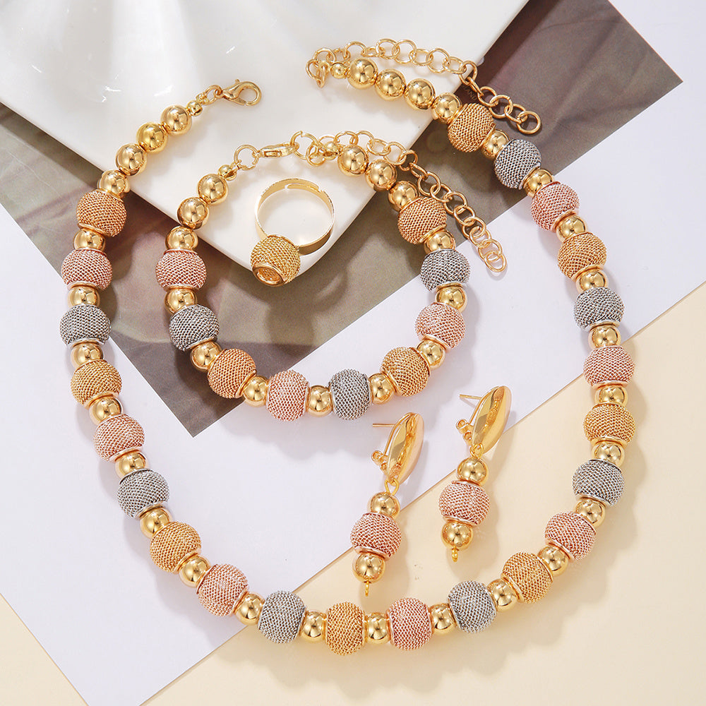 Radiant Embrace: Silver,Yellow & Rose Gold Bead Blend– 5-Piece Jewelry Set