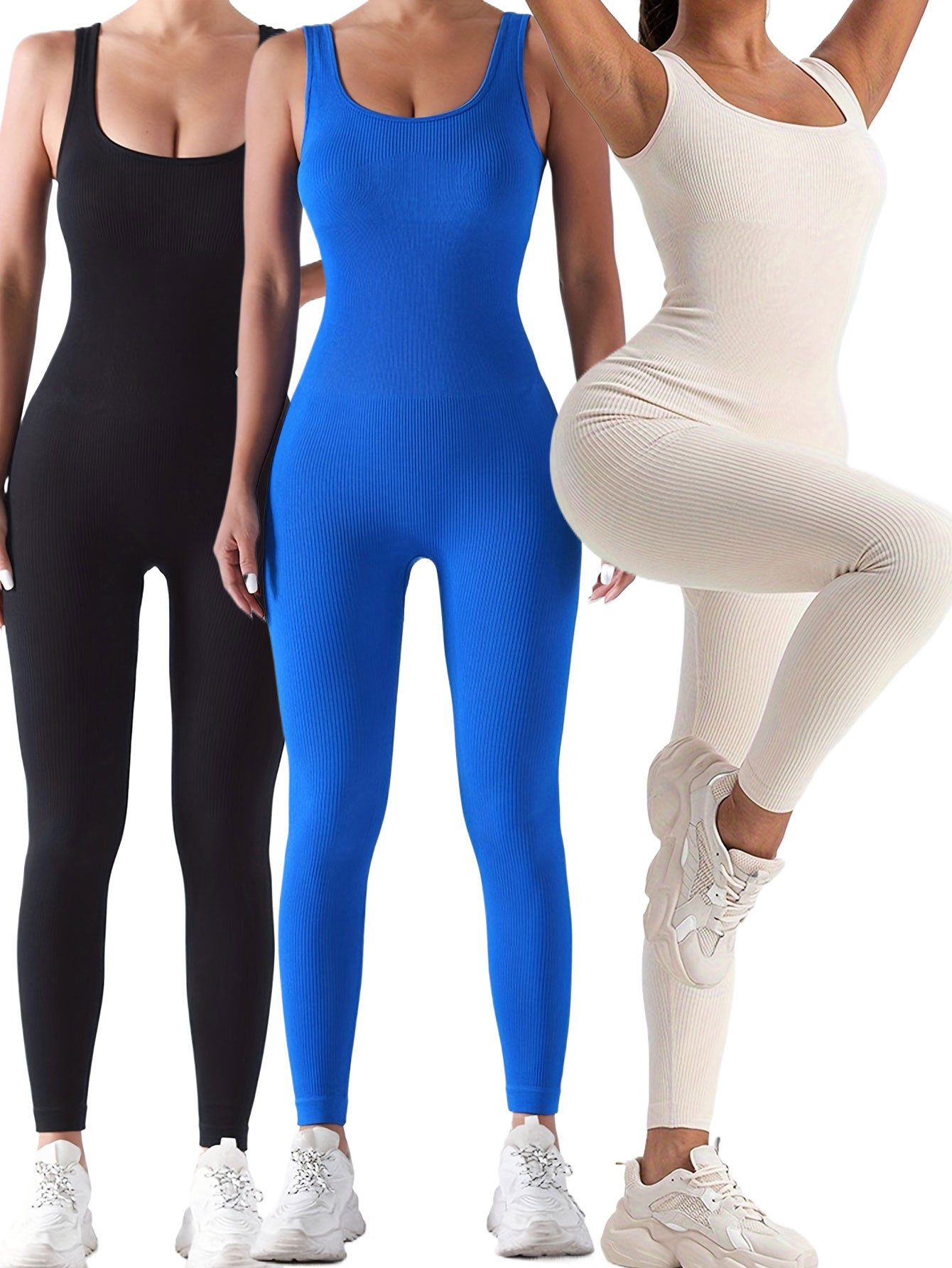 3 Pack Women's Ribbed Solid Color One-Piece  Form-Fitting Activewear Jumpsuits