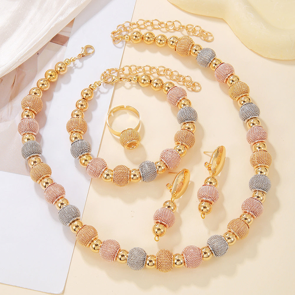 Radiant Embrace: Silver,Yellow & Rose Gold Bead Blend– 5-Piece Jewelry Set