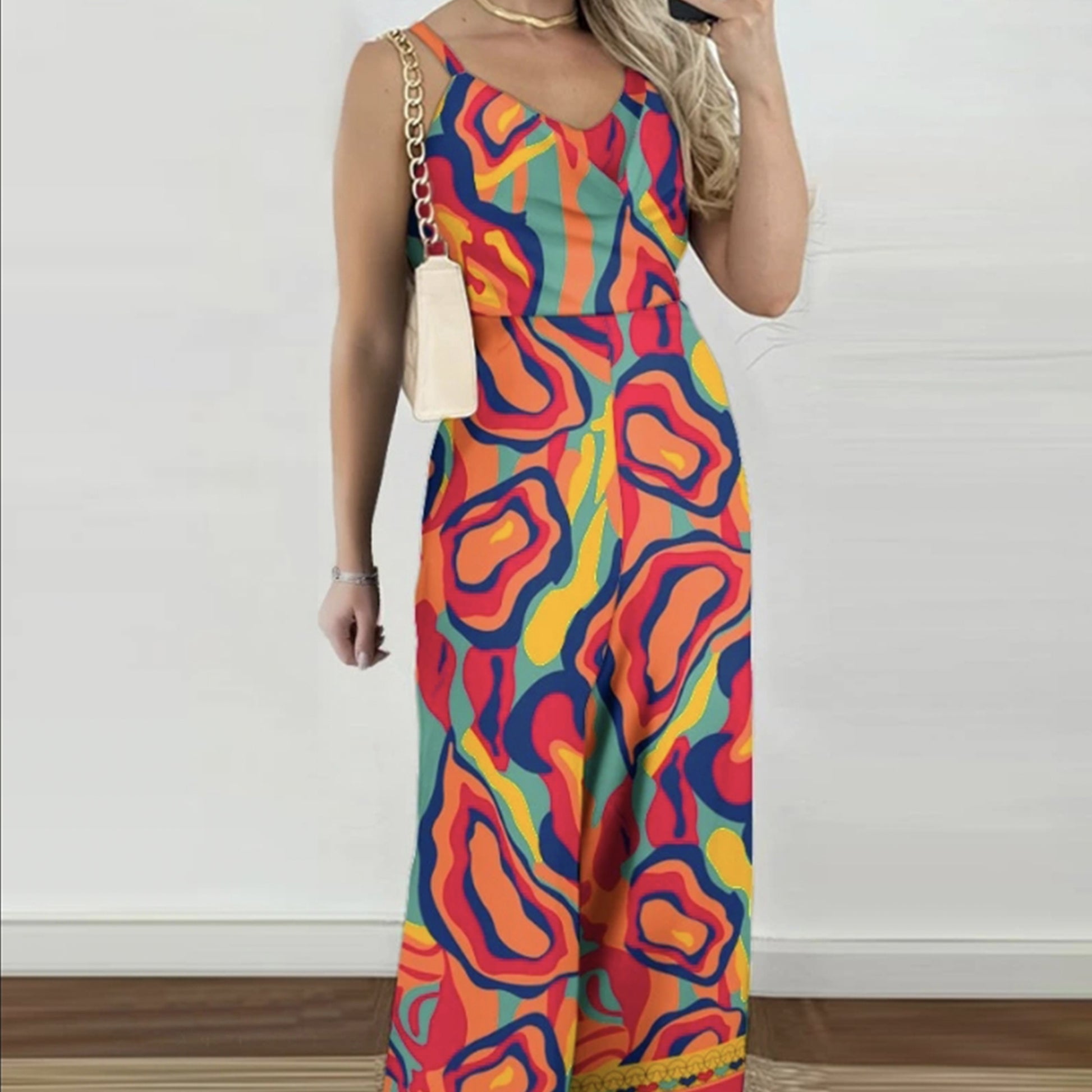 Women's V-Neck Colorful Art-Inspired Printed Casual & Chic Jumpsuit