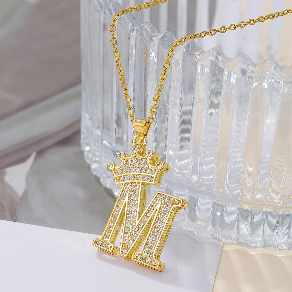 Gold Diamond Queen-City Crown Letter Necklace