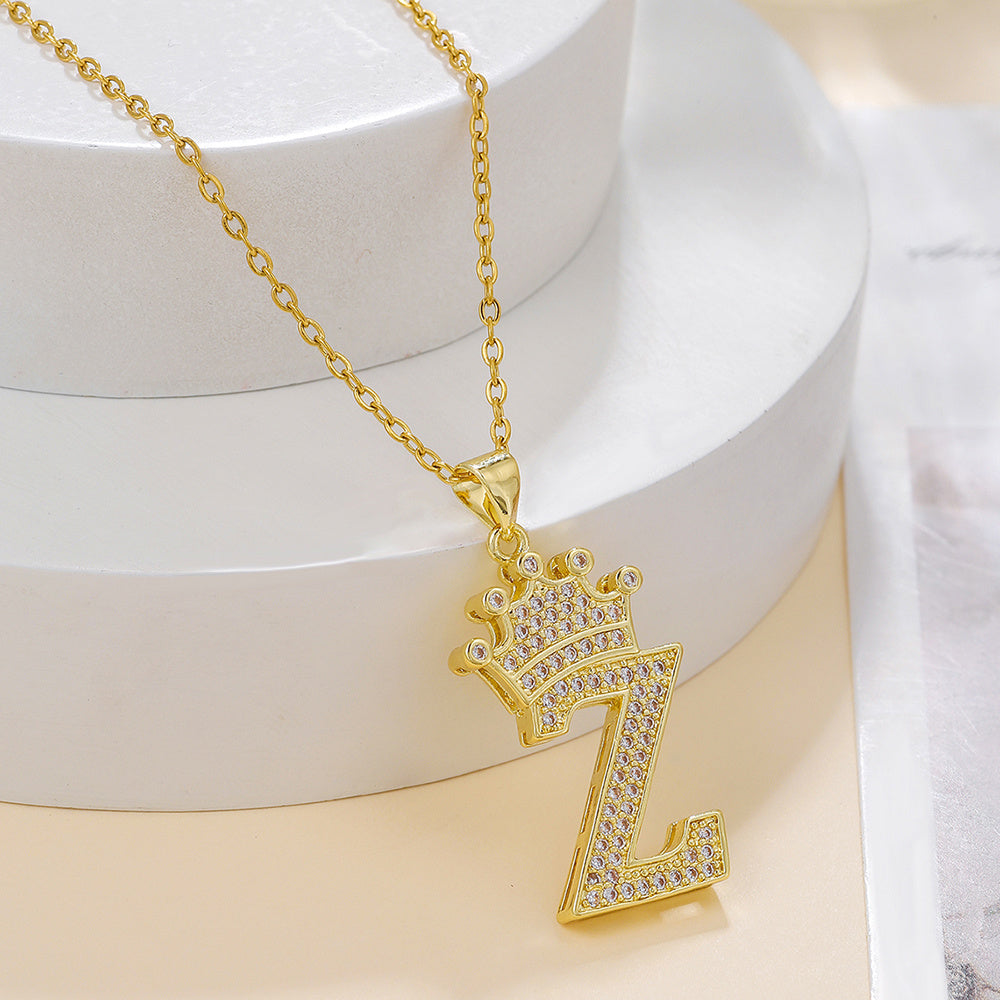 Gold Diamond Queen-City Crown Letter Necklace