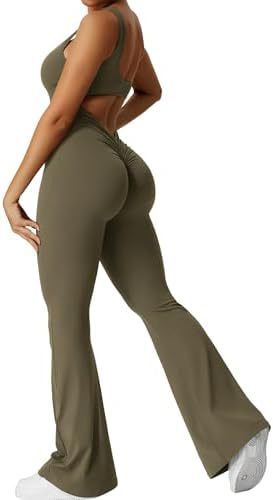 Womens Backless & Seamless Ruched Flare Yoga Jumpsuit