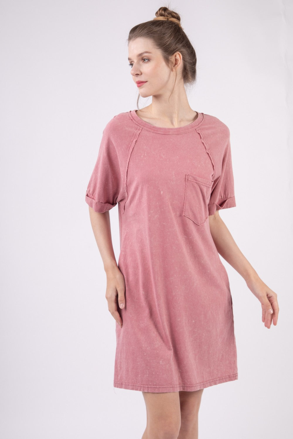 VERY J Washed Round Neck Mini Tee Dress