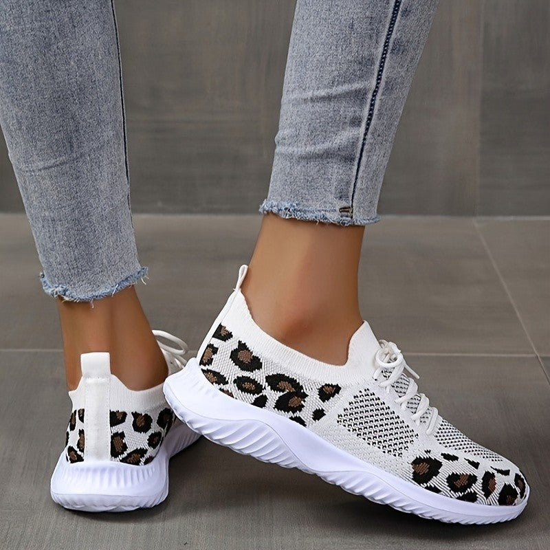 White Leopard Print Lace-up Sports Sneakers