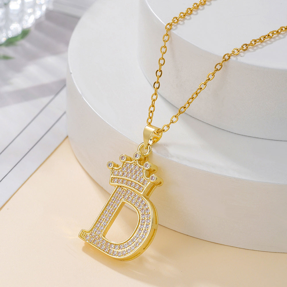 Gold Diamond Queen-City Crown Letter Necklace