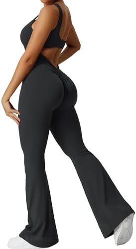 Womens Backless & Seamless Ruched Flare Yoga Jumpsuit