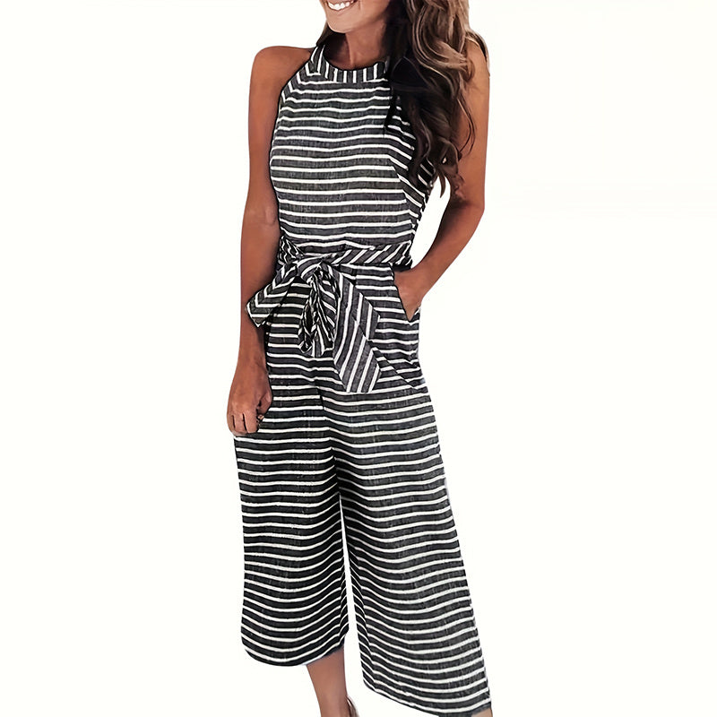 Womens Stripe Tie-Waist Wide Leg Jumpsuit
