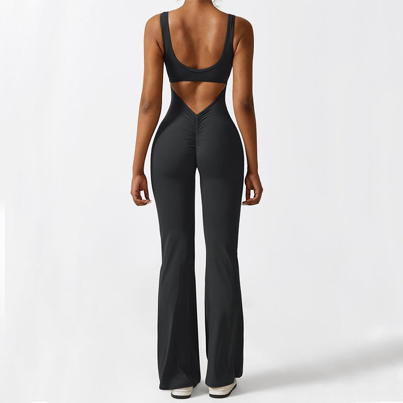 Womens Backless & Seamless Ruched Flare Yoga Jumpsuit