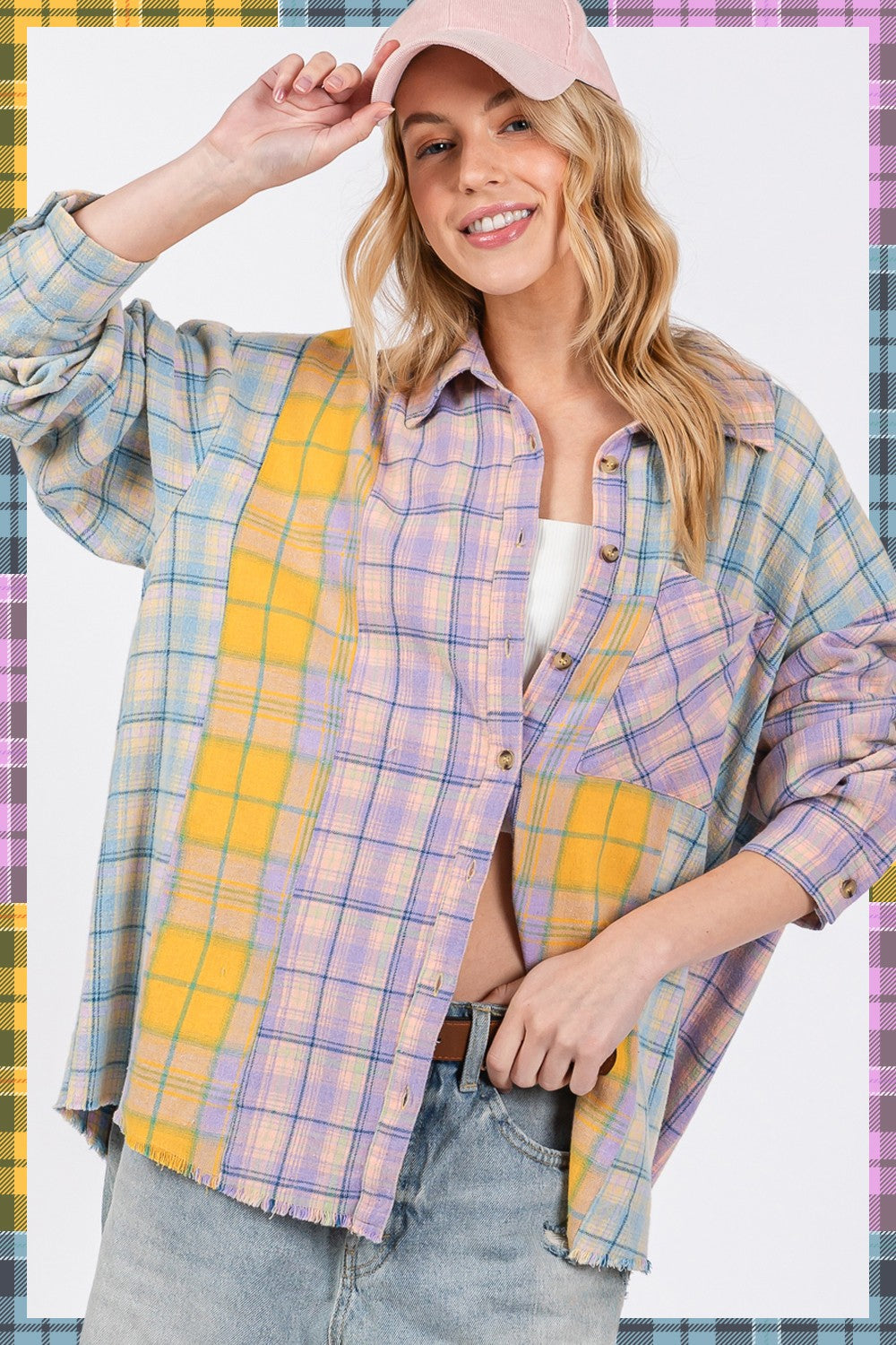 SAGE + FIG Button Up Raw Hem  Plaid Flannel Shirt