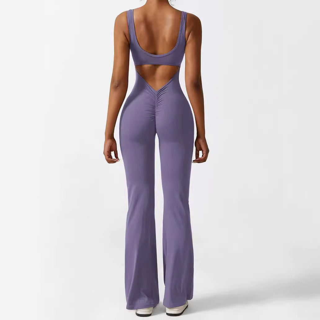 Womens Backless & Seamless Ruched Flare Yoga Jumpsuit