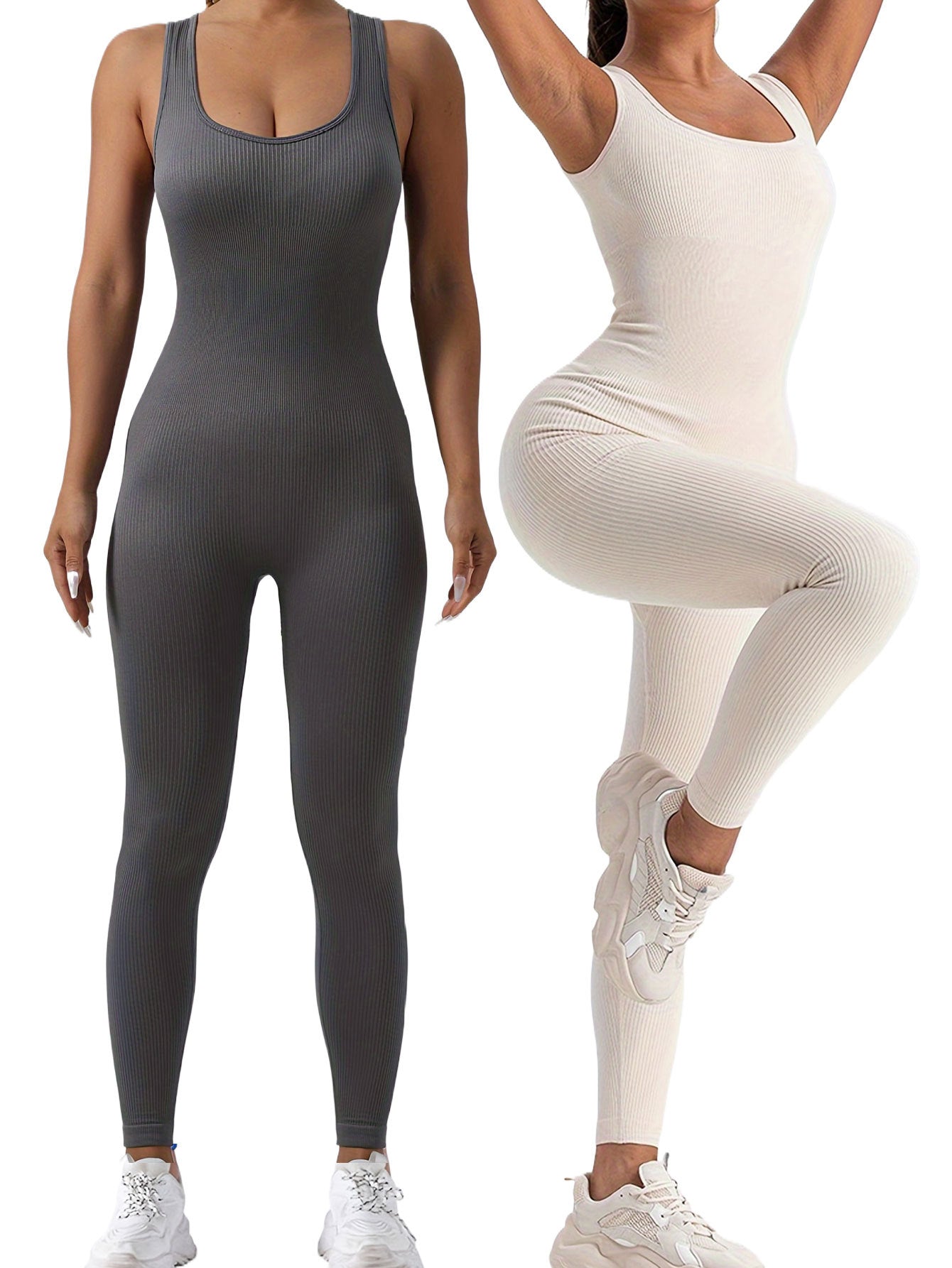 2 Pack Women's Ribbed Solid Color  Form-Fitting  Activewear One-Piece Jumpsuits