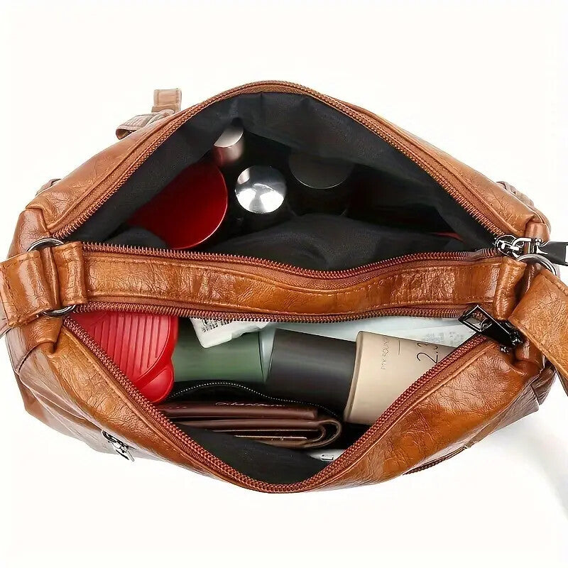 Womens Large Capacity Washed Leather Multi Zipper Messenger Bag