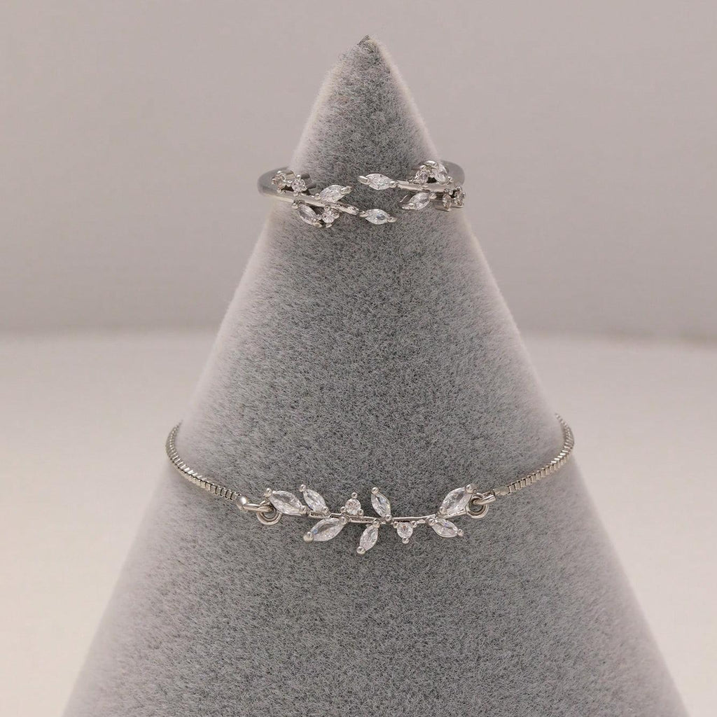 2pcs Silver Horse Eye Crystal Zircon Fashion Leaf Bracelet And Ring Set