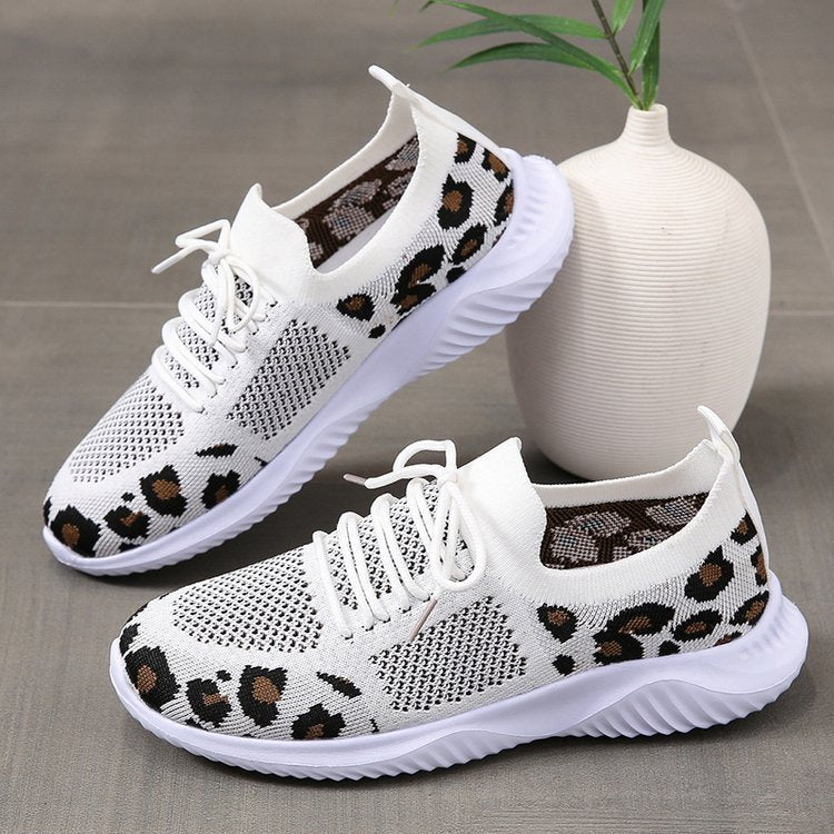 White Leopard Print Lace-up Sports Sneakers