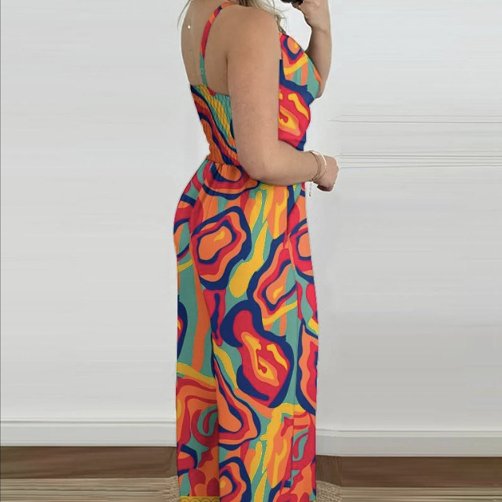 Women's V-Neck Colorful Art-Inspired Printed Casual & Chic Jumpsuit