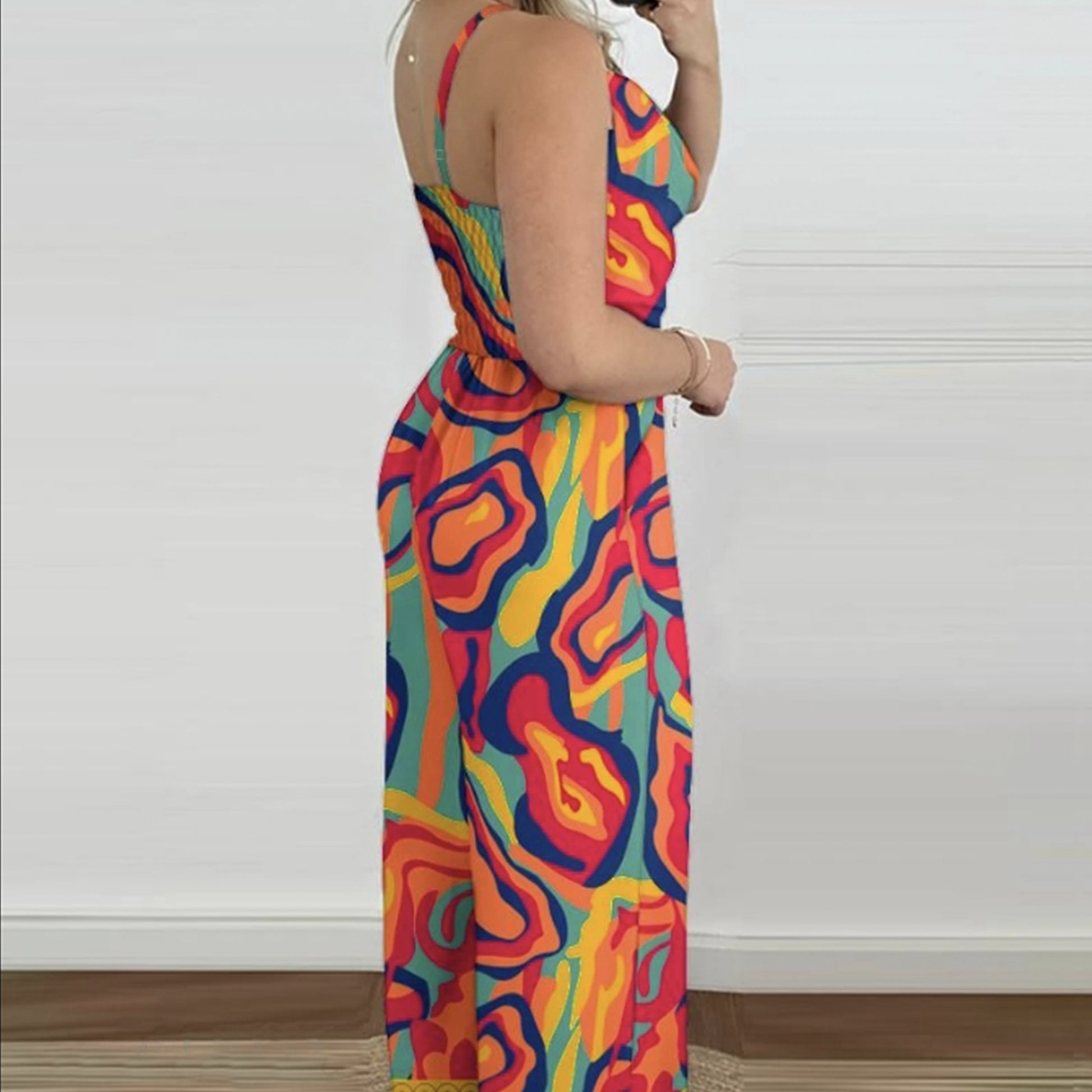 Women's V-Neck Colorful Art-Inspired Printed Casual & Chic Jumpsuit