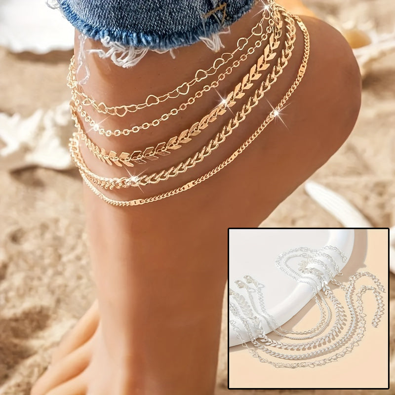 5Pcs Bohemian Fashion Assorted Chain Anklet Set
