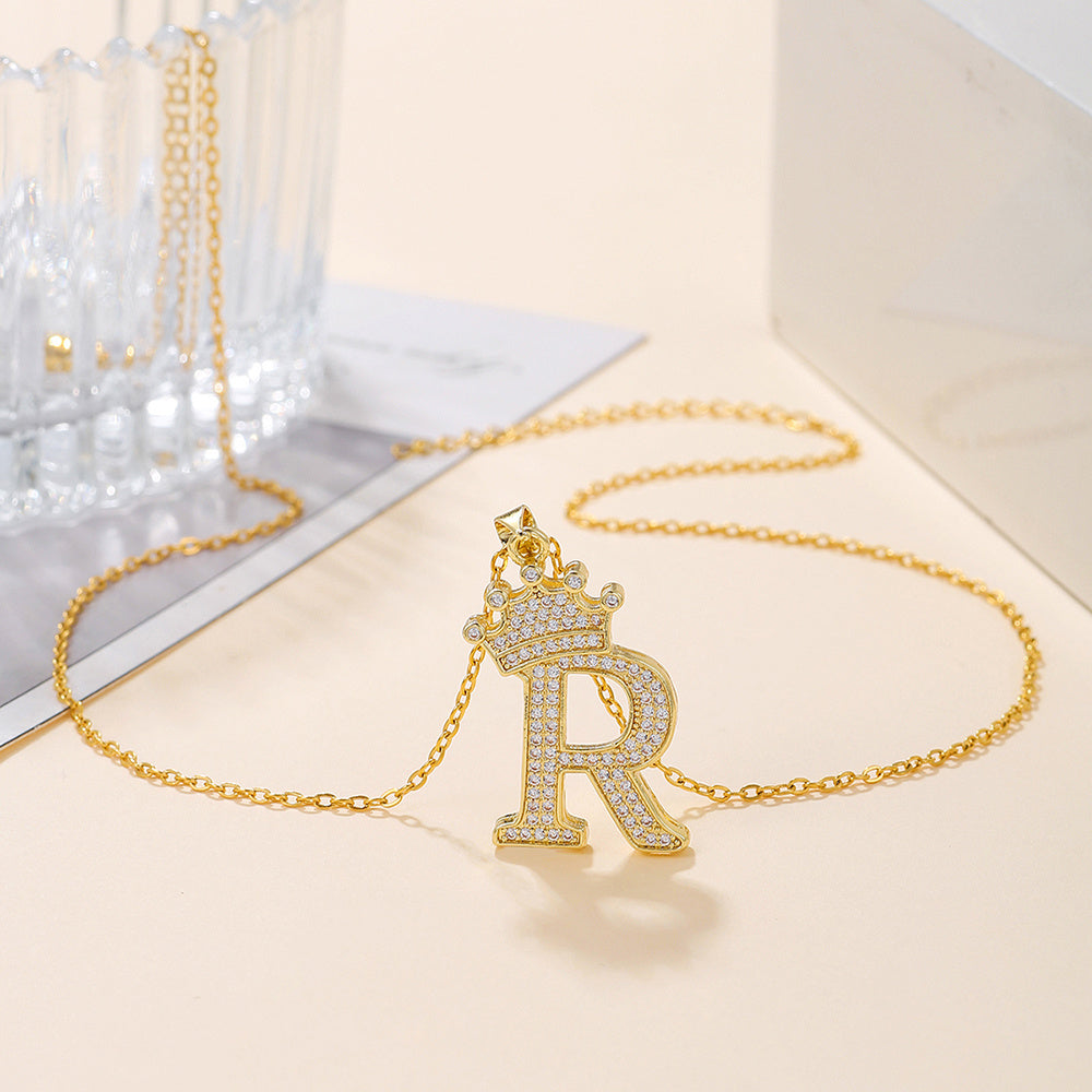 Gold Diamond Queen-City Crown Letter Necklace