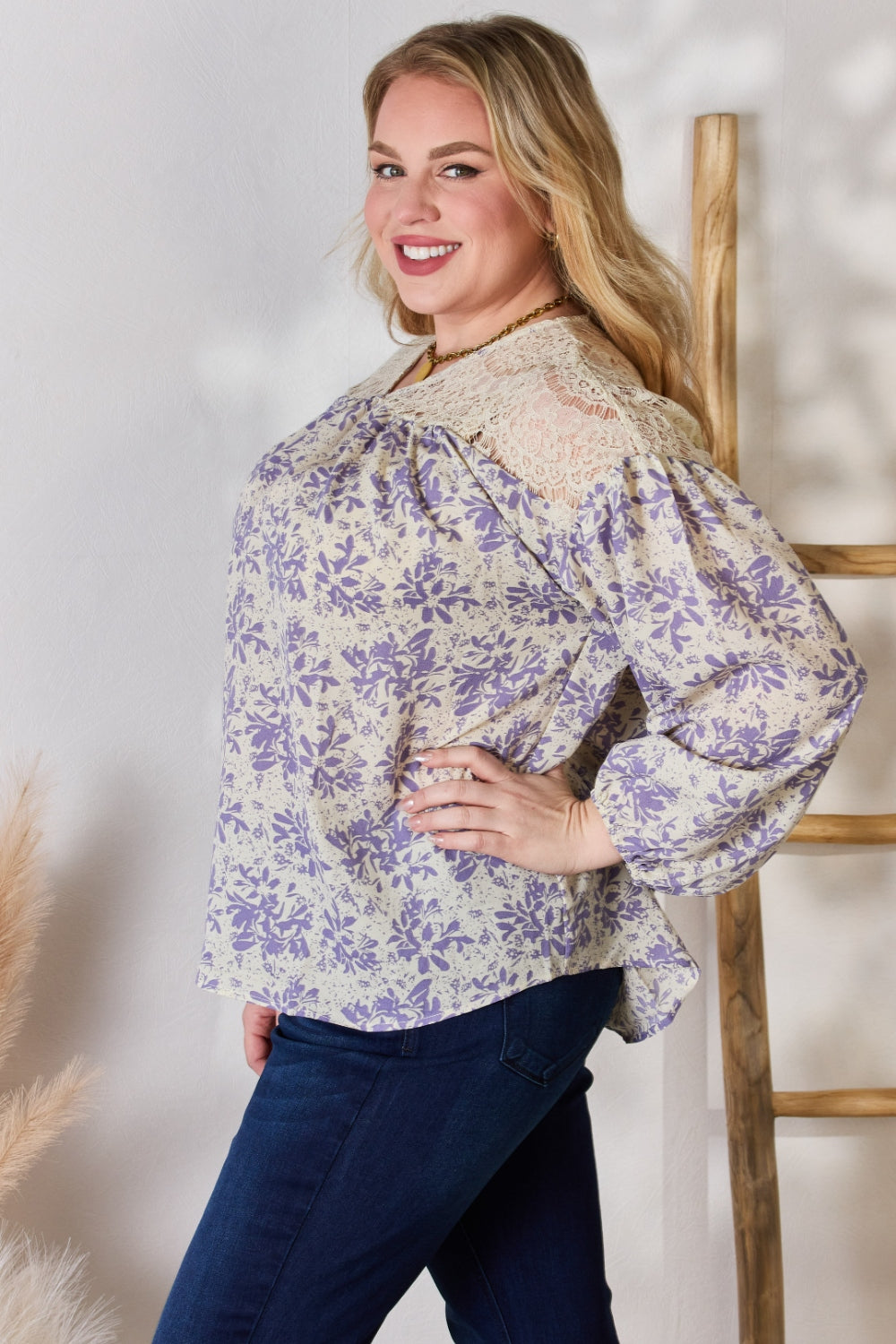 Hailey & Co Full Size Lace Detail Printed Blouse