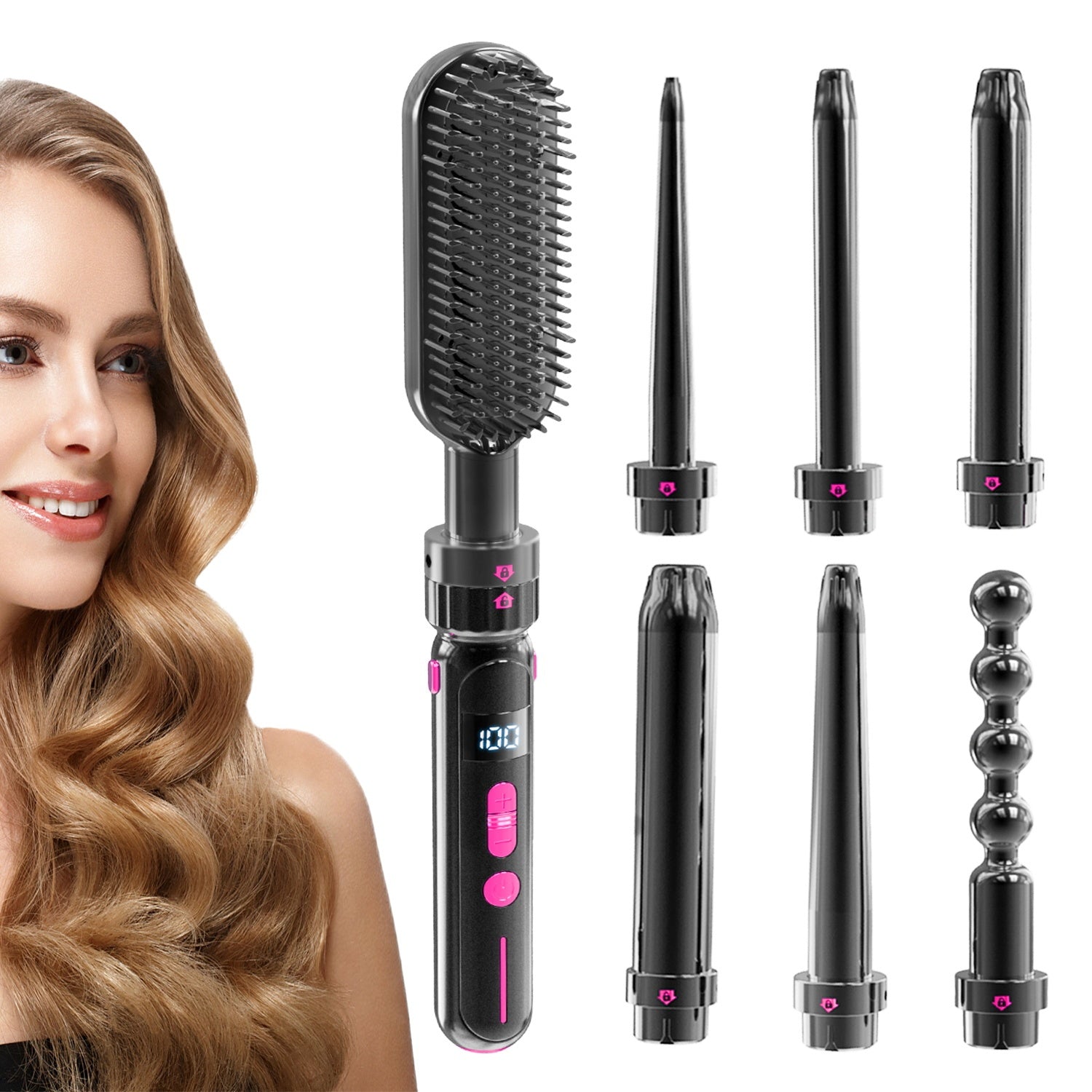 LUSTROUS HAIR 7-in-1 Curly & Straight Interchangeable Curling & Flat Iron Wand Set