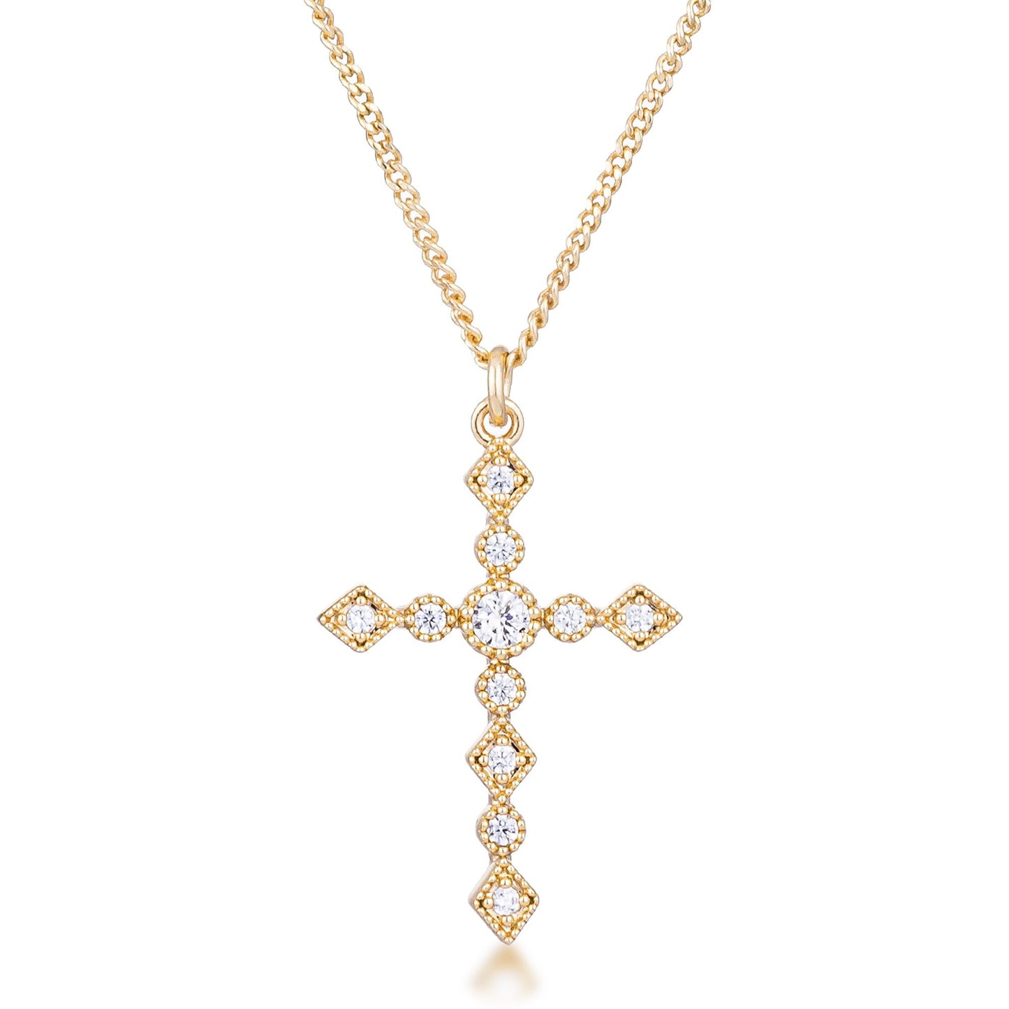 Dainty Art Deco Gold Plated Clear CZ Cross Pendant