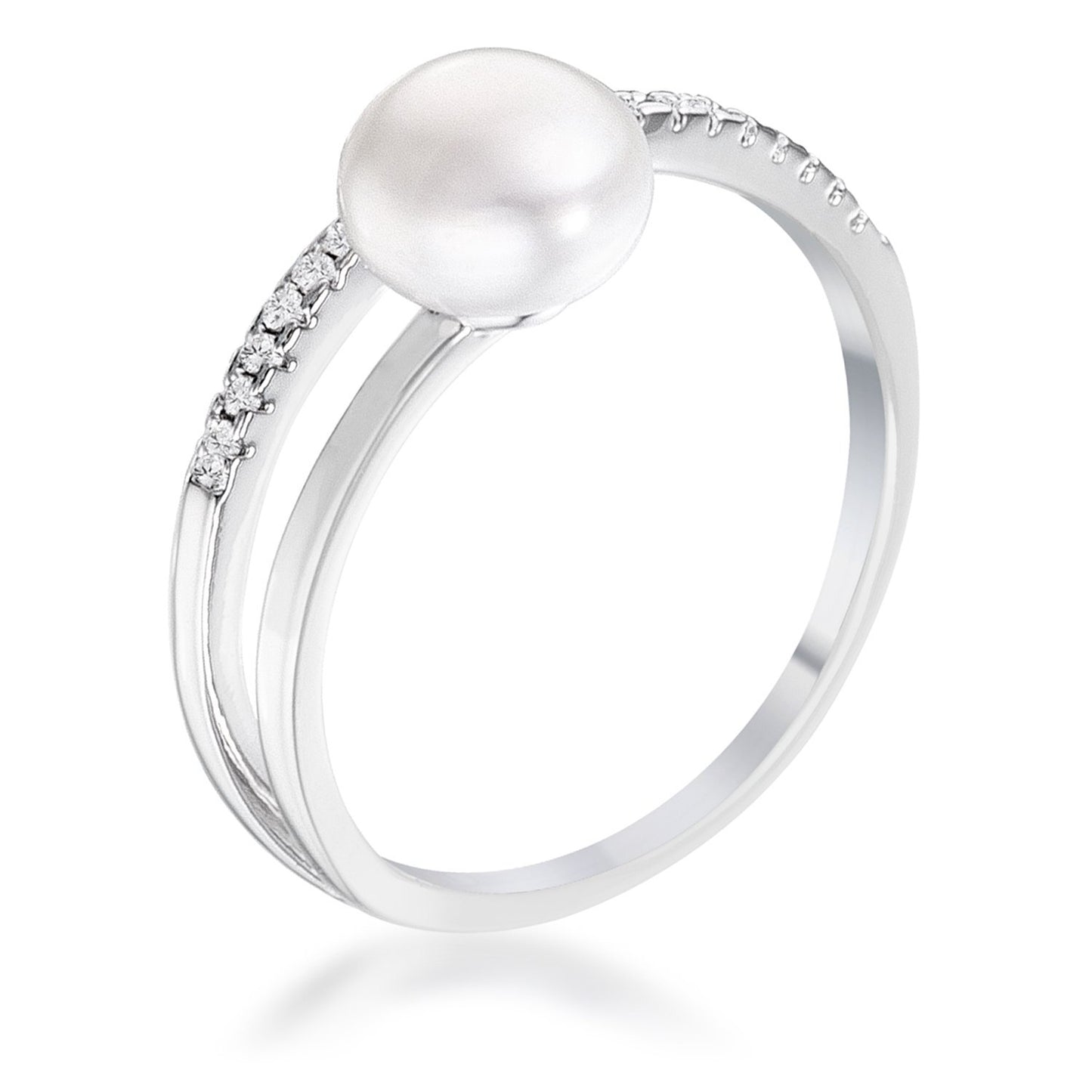 .15Ct Rhodium Plated Freshwater Pearl Ring With CZ Micro Pave Band