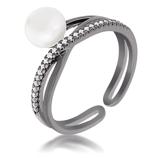 Hematite Pearl Ribbon Bypass Half Pave Ring