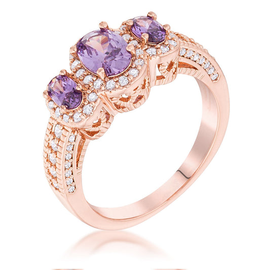 Rose Gold Plated 3-Stone Amethyst Oval Cut CZ Halo Ring