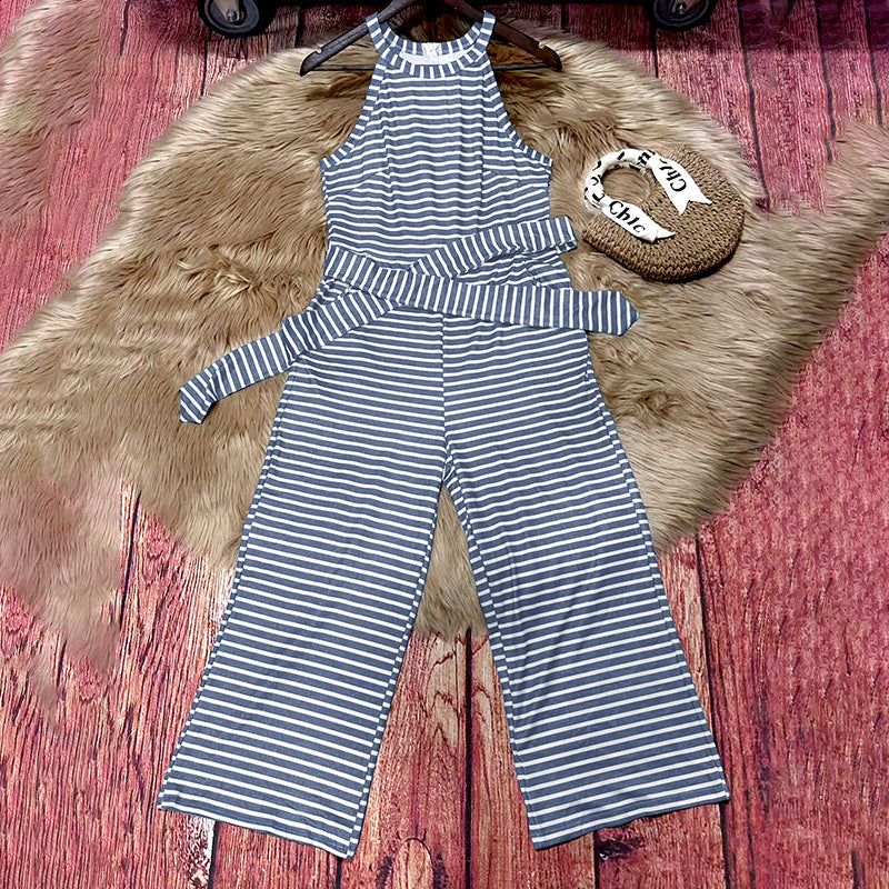 Womens Stripe Tie-Waist Wide Leg Jumpsuit
