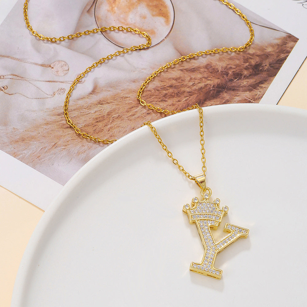 Gold Diamond Queen-City Crown Letter Necklace