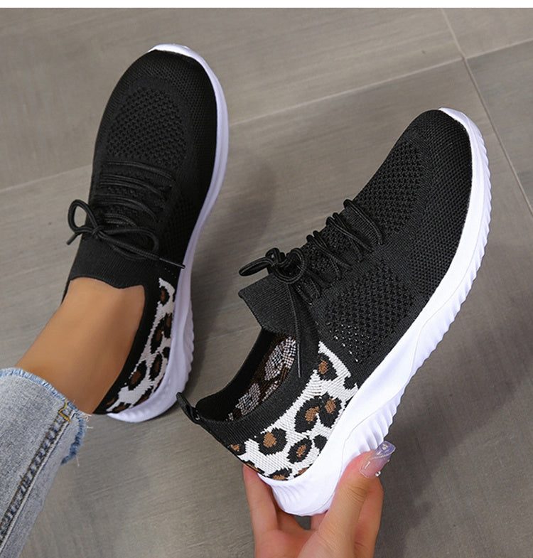 White Leopard Print Lace-up Sports Sneakers