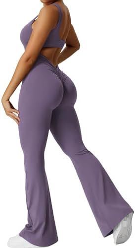 Womens Backless & Seamless Ruched Flare Yoga Jumpsuit