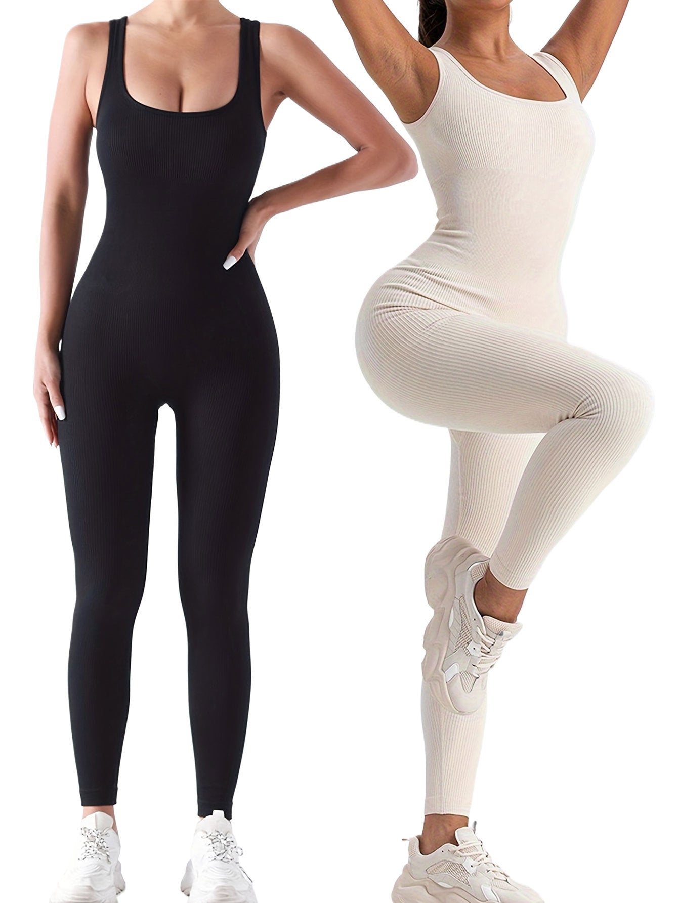 2 Pack Women's Ribbed Solid Color  Form-Fitting  Activewear One-Piece Jumpsuits