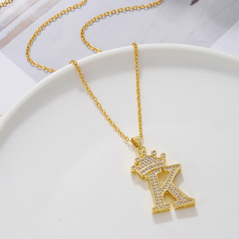 Gold Diamond Queen-City Crown Letter Necklace
