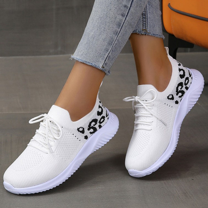 White Leopard Print Lace-up Sports Sneakers