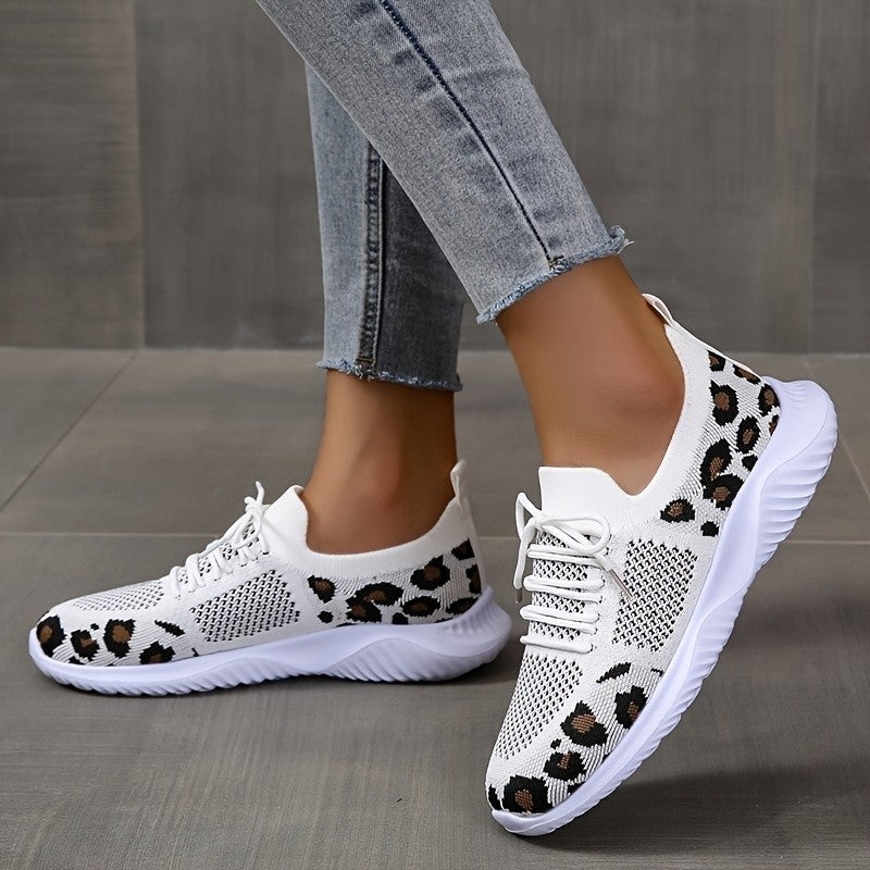 White Leopard Print Lace-up Sports Sneakers