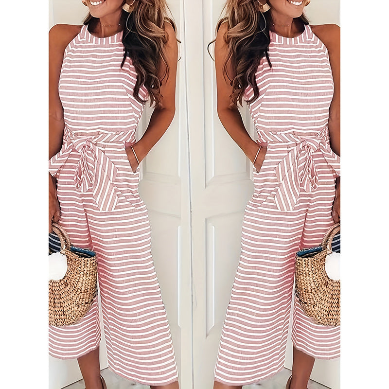 Womens Stripe Tie-Waist Wide Leg Jumpsuit