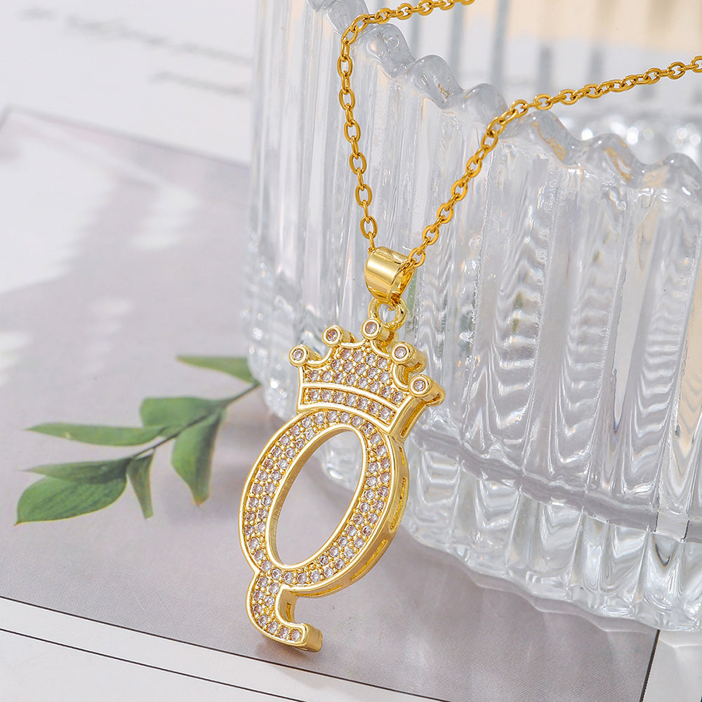 Gold Diamond Queen-City Crown Letter Necklace