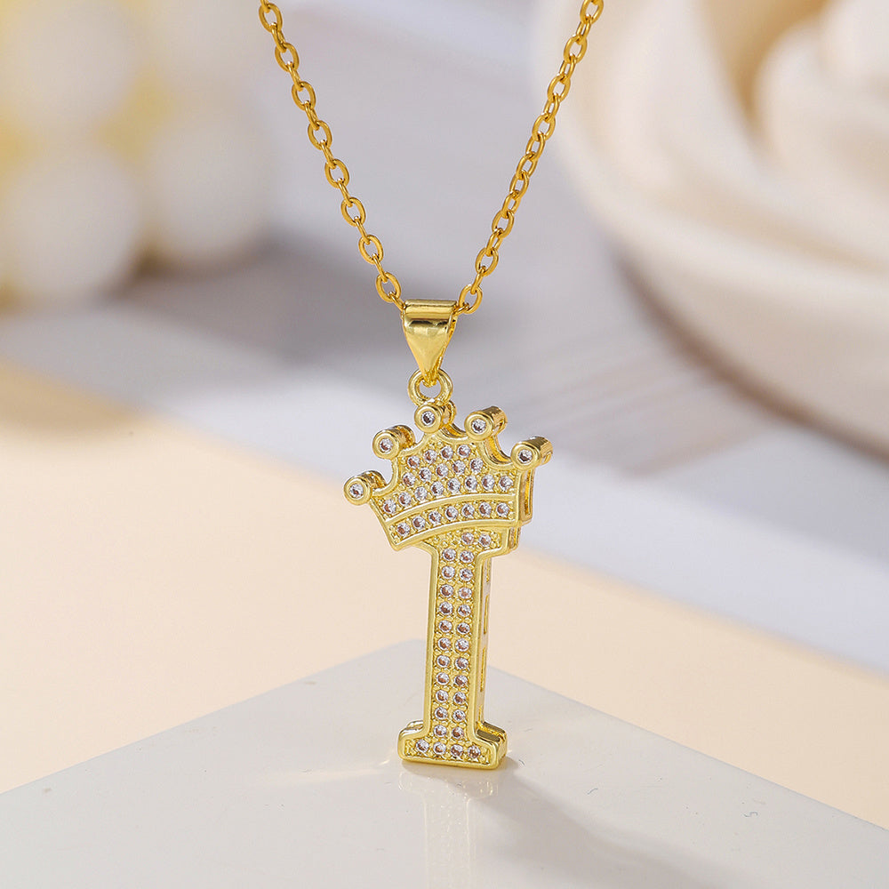 Gold Diamond Queen-City Crown Letter Necklace