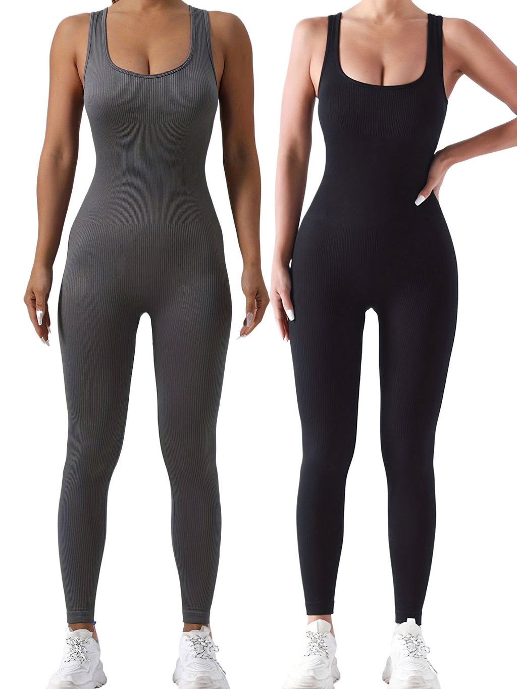 2 Pack Women's Ribbed Solid Color  Form-Fitting  Activewear One-Piece Jumpsuits