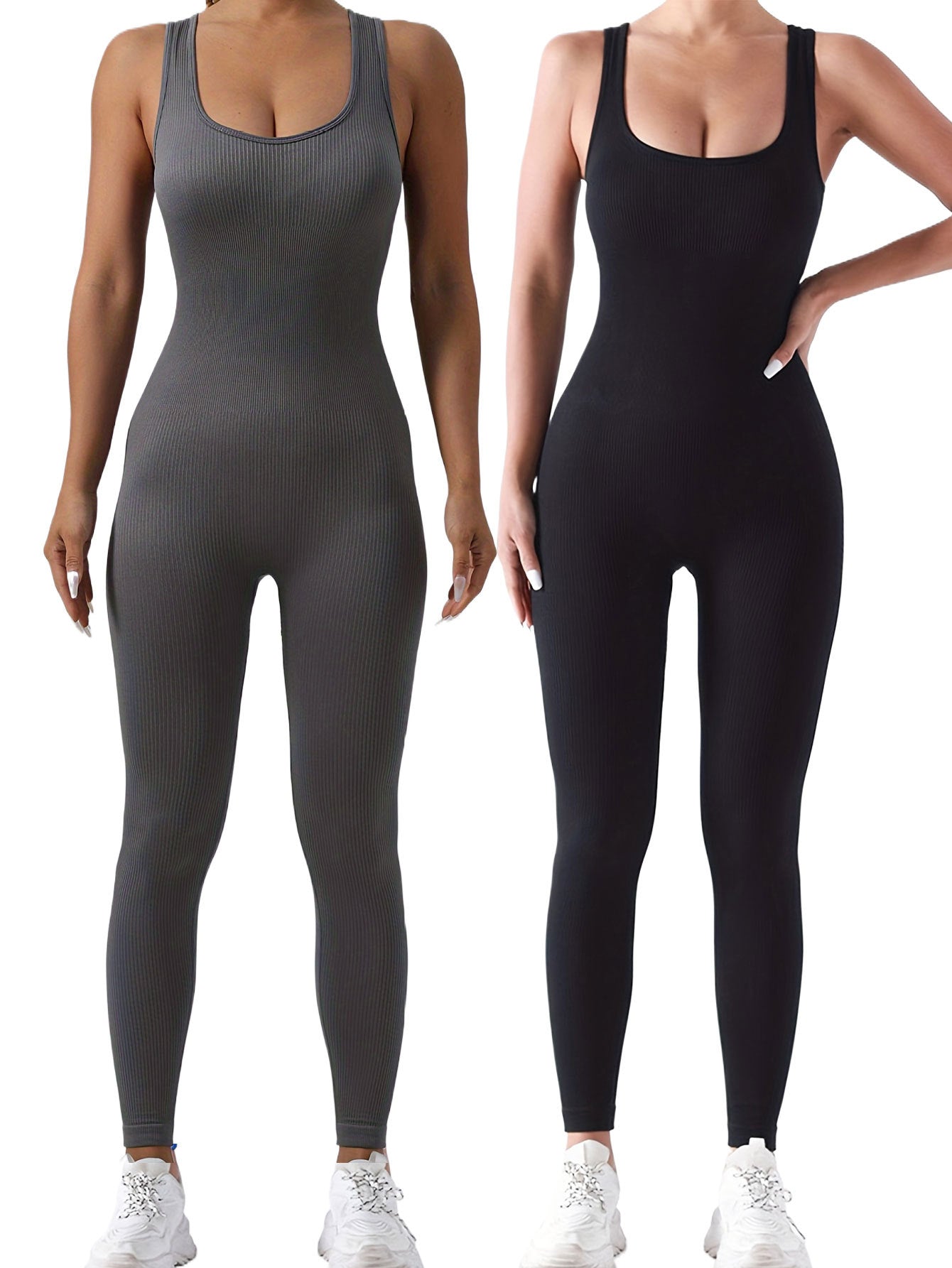 2 Pack Women's Ribbed Solid Color  Form-Fitting  Activewear One-Piece Jumpsuits