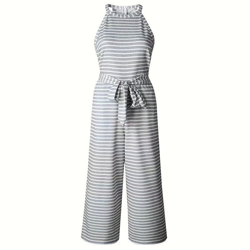 Womens Stripe Tie-Waist Wide Leg Jumpsuit
