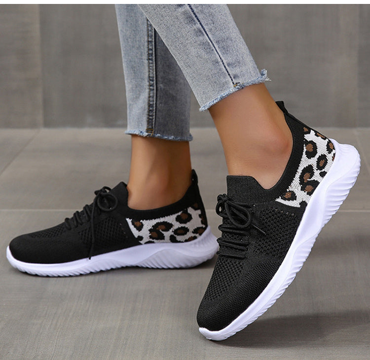 White Leopard Print Lace-up Sports Sneakers
