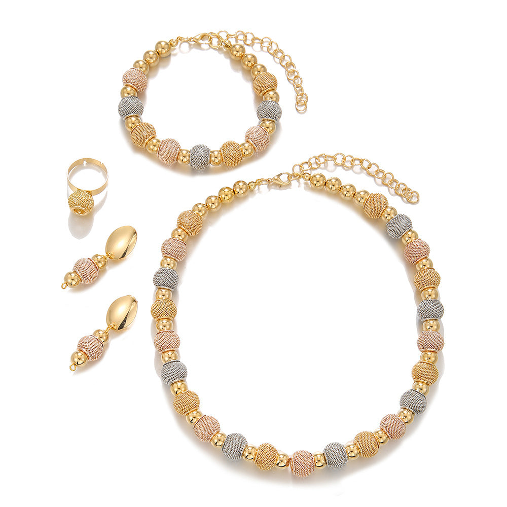 Radiant Embrace: Silver,Yellow & Rose Gold Bead Blend– 5-Piece Jewelry Set