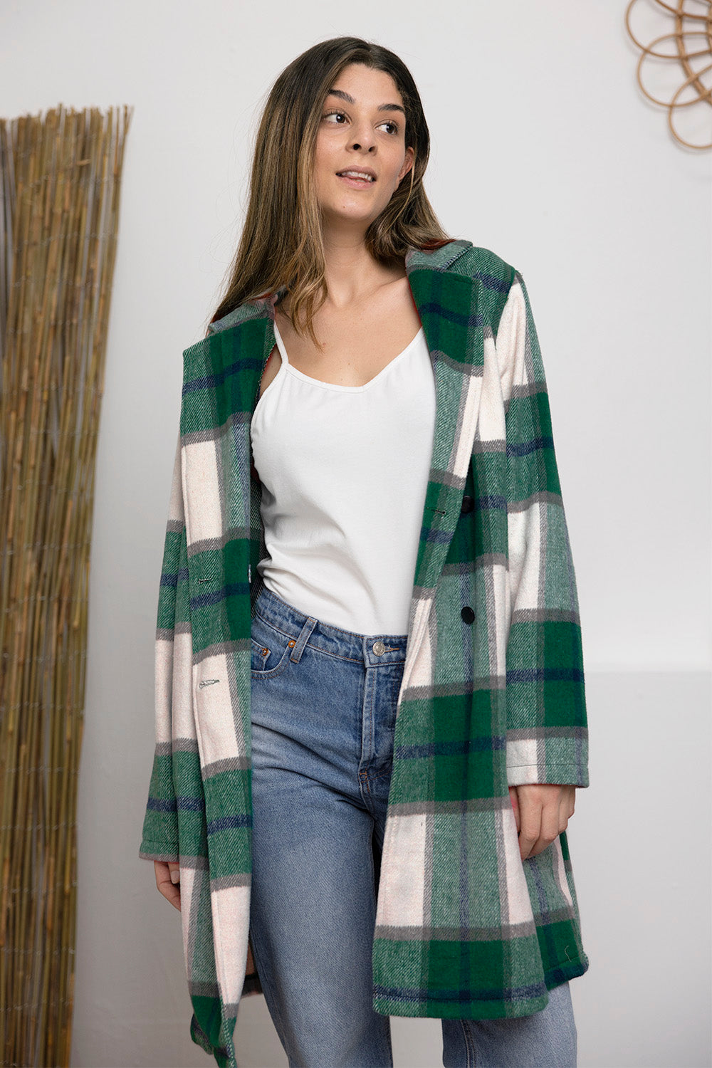 Double Take Full Size Plaid Button Up Lapel Collar Coat