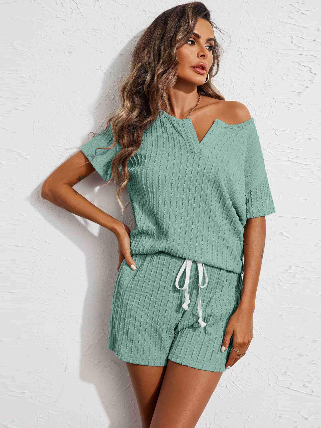 Notched Short Sleeve Top and Shorts Set