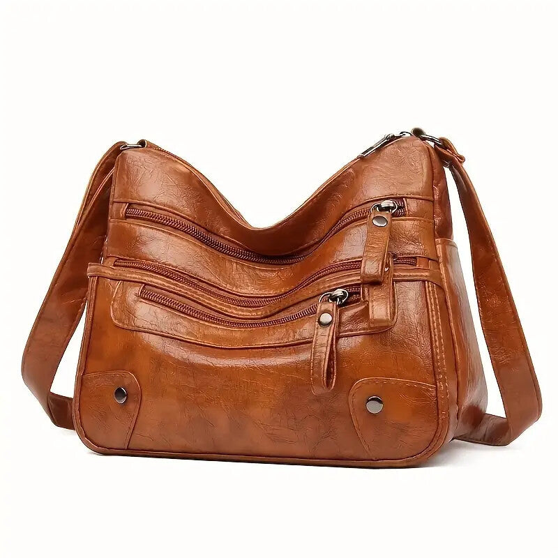 Womens Large Capacity Washed Leather Multi Zipper Messenger Bag