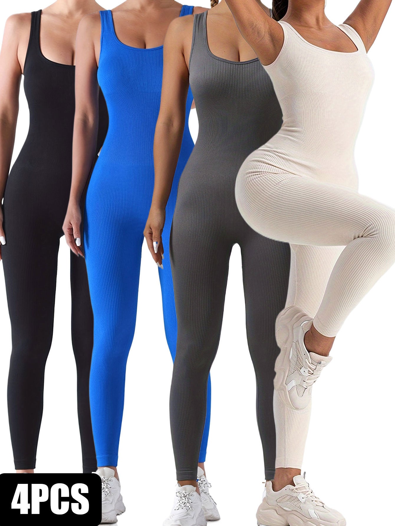 4 Pack Women's Ribbed Solid Color  Form-Fitting  Activewear One-Piece Jumpsuits